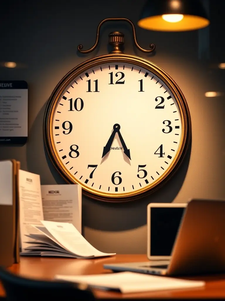 A clock with medical research documents in the background, illustrating timeliness in service delivery.