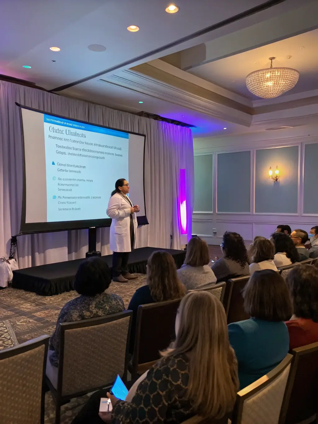 A researcher confidently presenting findings at a conference, showcasing the impact and credibility gained through the organization's support.