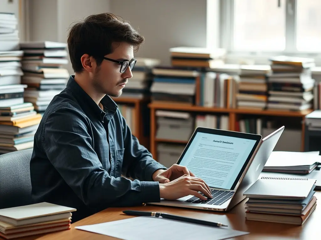 A medical researcher reviewing a manuscript with detailed edits and annotations, emphasizing the importance of precision in scientific writing.